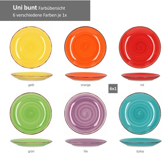 Zes platte borden in geel, oranje, rood, groen, paars en turquoise, elk met een spiraalmotief.