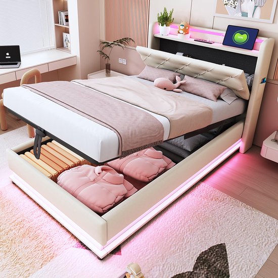 Eenpersoonsbed Ollie | Met rugleuning | 90 x 200 cm | Beigekleurig design - Modern Meise