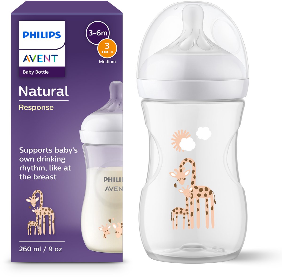 Philips Avent Natural Response Babyfles - Giraffe - 1 Fles - 260 ml - 1+ maanden - Snelheid 3-speen - SCY903/22