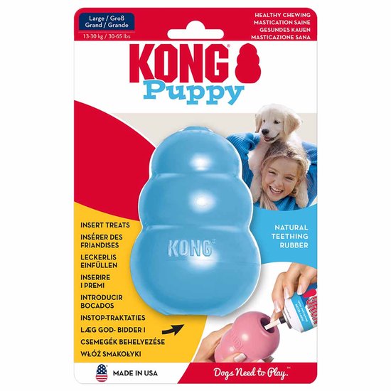 Verpakking KONG Puppy in blauw met tekst 'Natural Teething Rubber'.