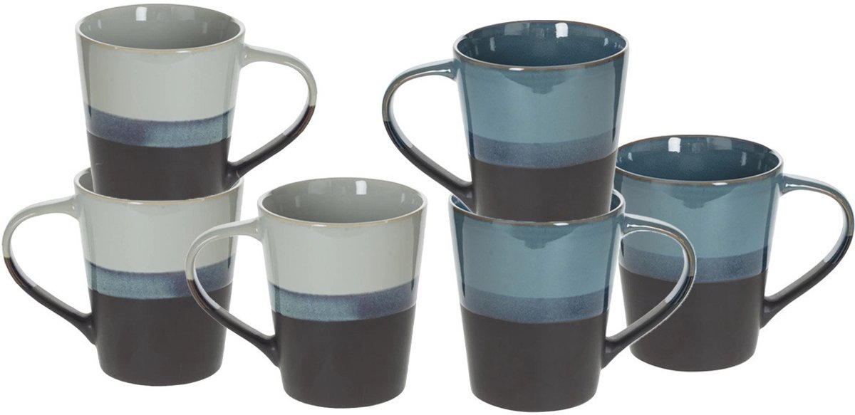Secret de Gourmet Koffiemokken Lagune - 6x stuks - Keramiek - blauw/grijs - 360 ml - 9 x 10 cm - 2 kleur varianten in een set