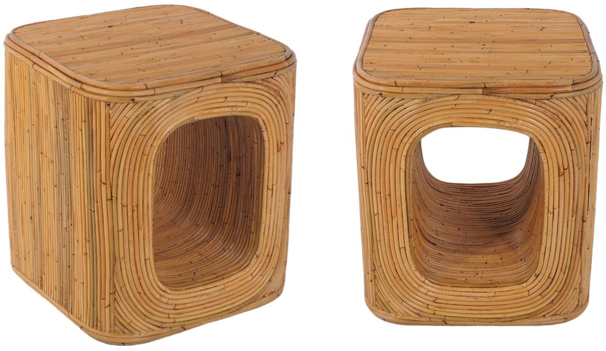 sweeek - Bijzettafel, nachtkastje met vak, in natuurlijk rotan, kubusvormig met afgeronde hoeken, b 45 x d 45 x h 50cm (set van 2)