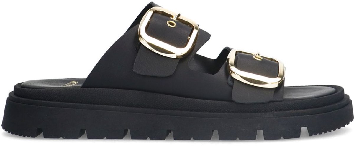 Manfield - Dames - Zwarte leren slippers met gesp - Maat 42