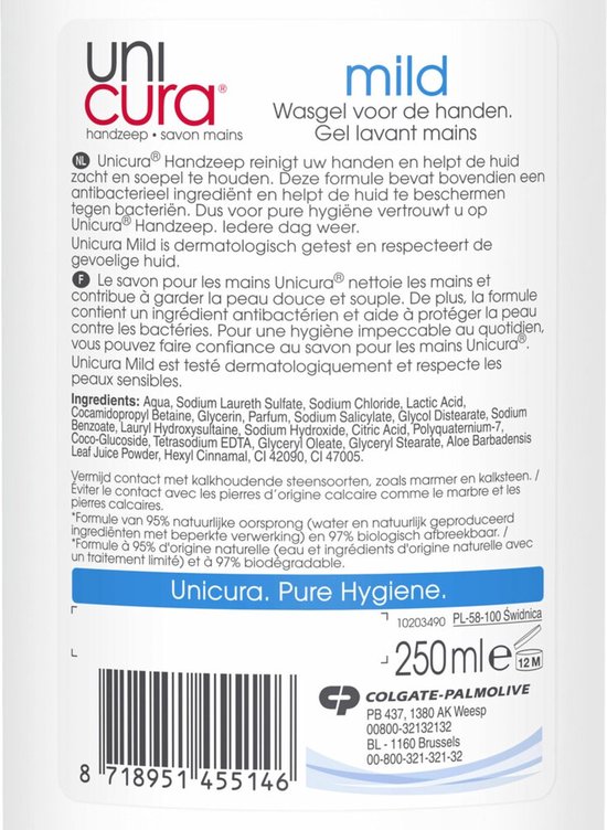 Unicura - Vloeibare Zeep Mild - Verzachtend - 250 ml - Bulkverpakking - 10 stuks