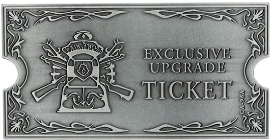 Ticket de mise à niveau exclusif en métal avec logo détaillé d'arme et de bouclier, entouré d'une bordure décorative.
