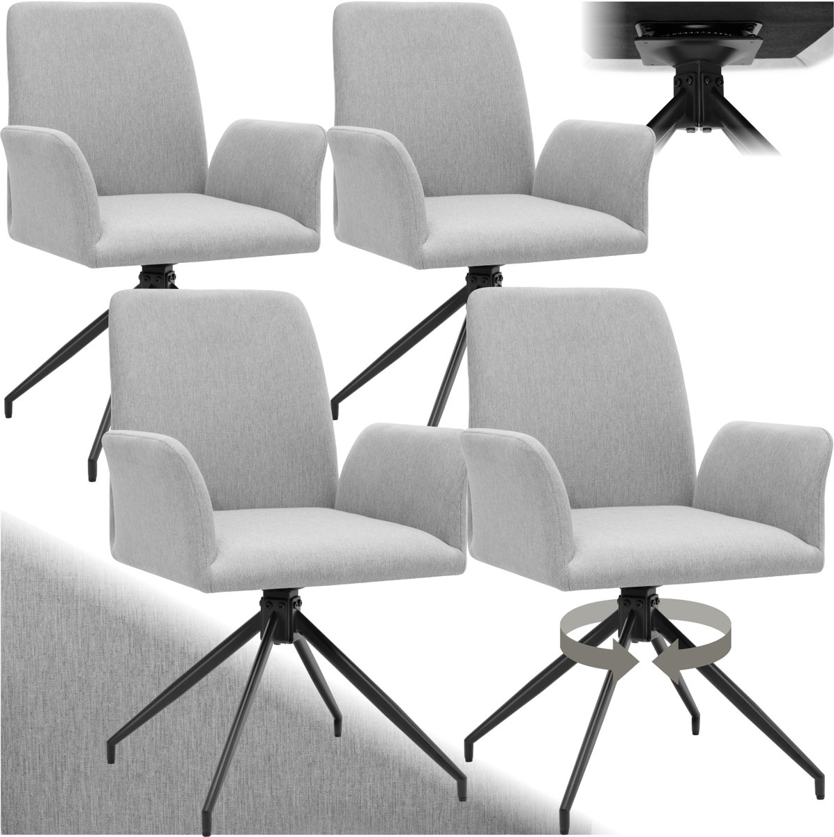 Tectake Draaistoel Daya - Set van 4 Draaifauteuils met Armleuning - 360° Draaibare Eetkamerstoel - Draaibare Fauteuils - Gestoffeerd - Draagkracht 150kg - Lightgrijs Lichtgrijs