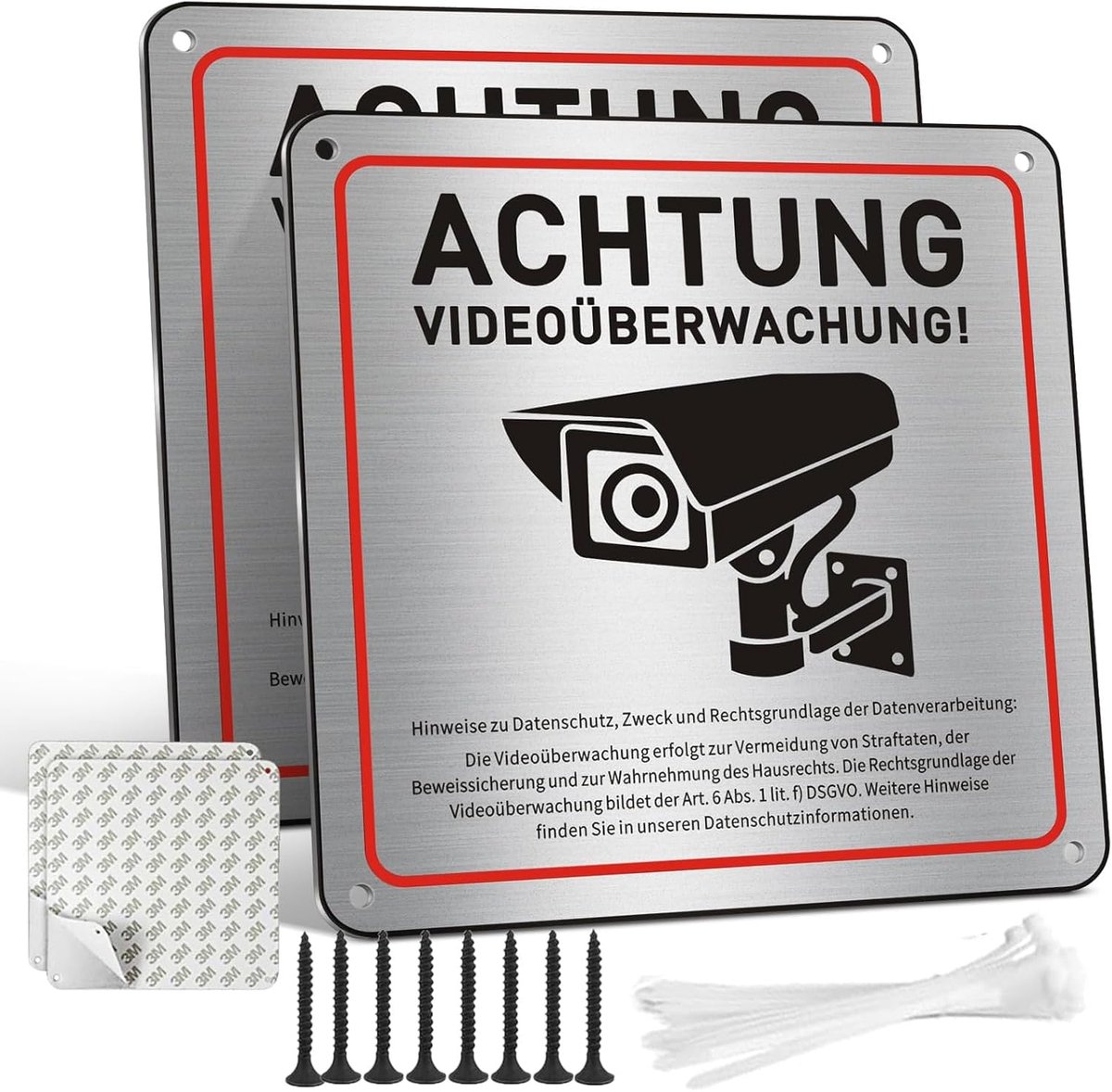 Videobewaking Bord - Geborsteld Aluminium 15x15 cm - 2 Stuks - UV-bestendig, Waterdicht en Zelfklevend