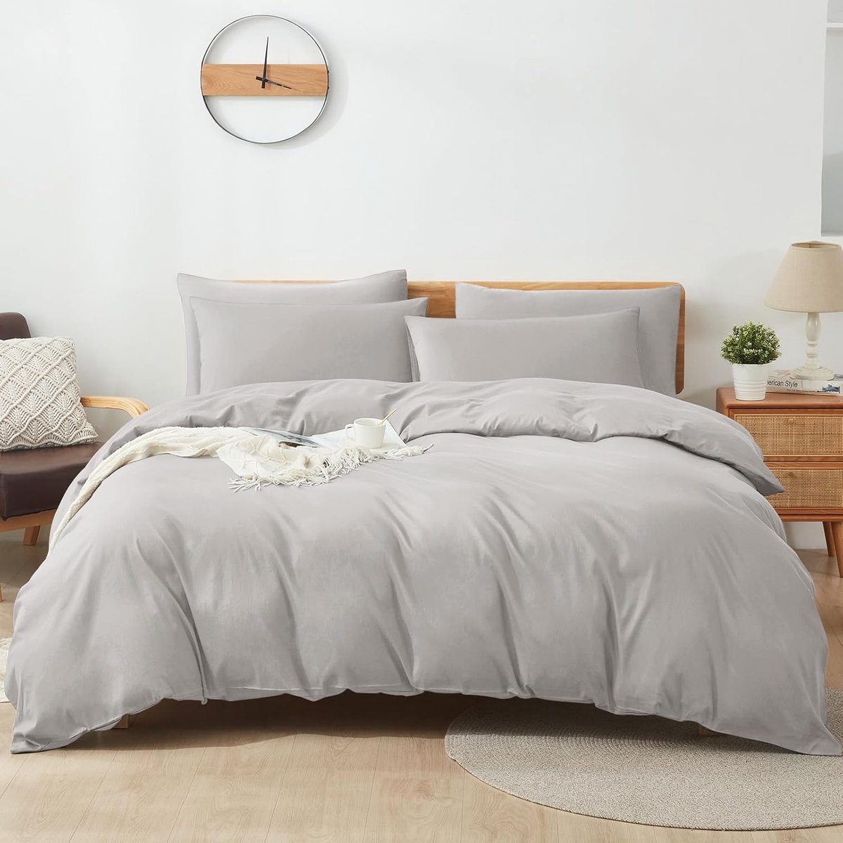 Ibenzoa® Natuurlijk Ademend Katoen Bedlinnen Set - 135x200 cm Lichtgrijs met Extra Kussensloop 80x80 cm