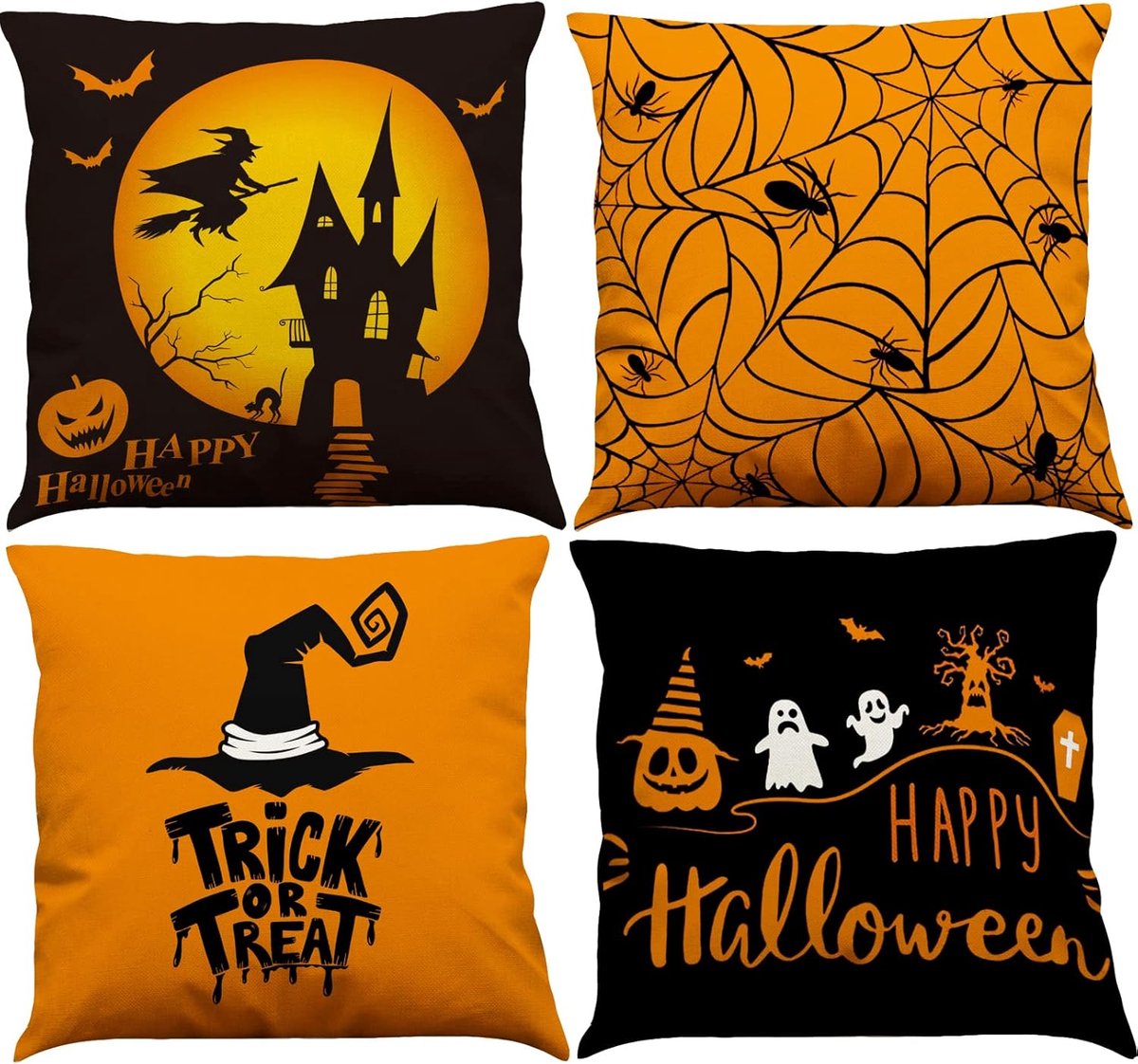Ibenzoa Halloween Sierkussenhoes Set - 4 Stuks Oranje & Zwart - Festive Decor