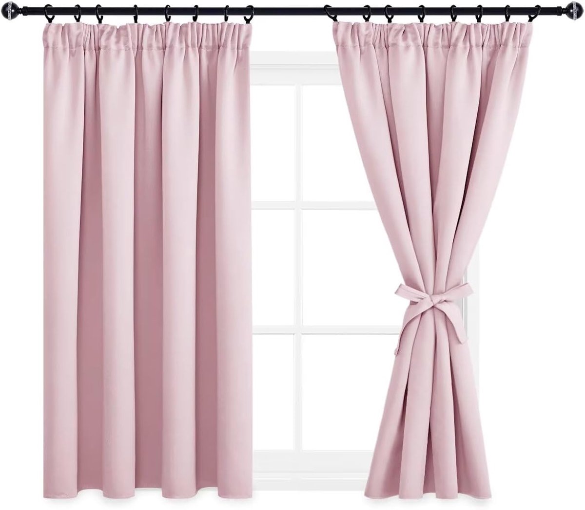 Ibenzoa Zwarte Blinder Gordijnen met Ruffle Tape en Sluitbanden - Set van 2, 137 x 167 cm, Lichte Roze Kleur