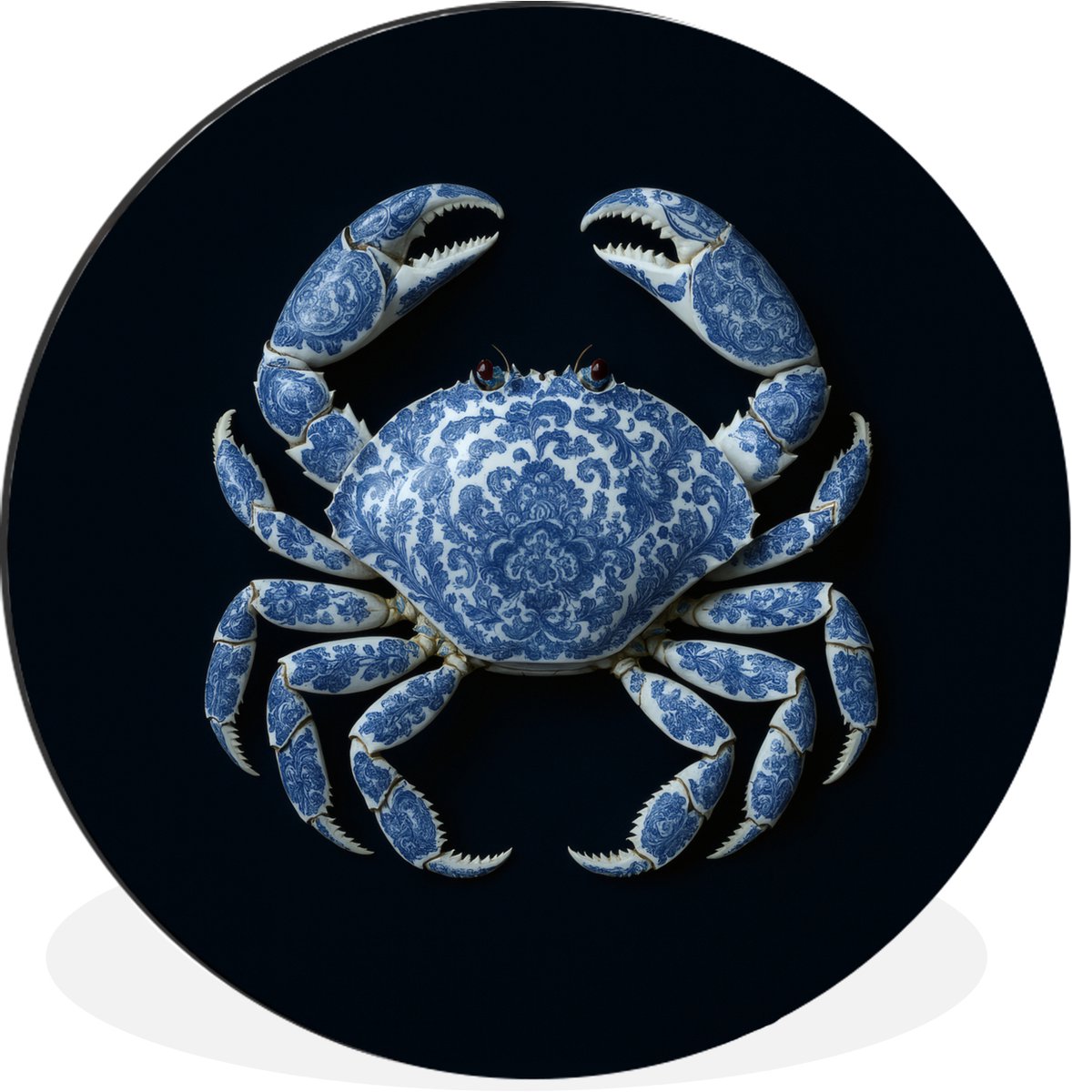 WallCircle Wandcirkel - Muurcirkel - Krab - Delfts blauw - Dieren - Aluminium - Dibond - 90x90 cm - Binnen en Buiten