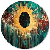 Gouden zonsverduistering abstract ontwerp - Zonsverduistering wandcirkel - Wandbord zonsopkomst - Abstract expressionisme - Unieke dibond muurcirkel - Muurdecoratie - Muurcirkel aluminium 80x80 cm
