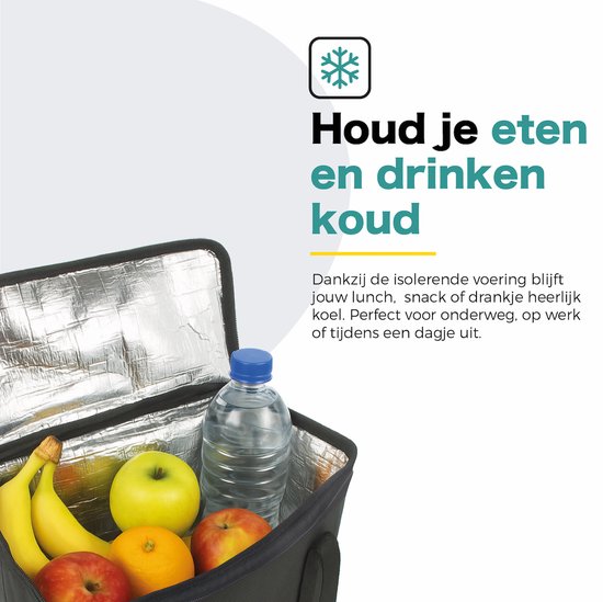 Zwarte koeltas open, met appels, sinaasappels en bananen erin, en een fles water.