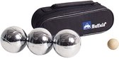 Drie metalen jeu de boules ballen met een kleine houten bal en een zwarte Buffalo tas.