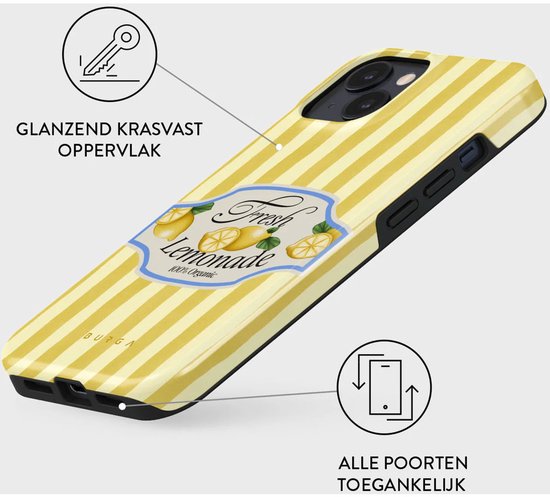 Telefoonhoesje met gele en witte strepen en een 'Fresh Lemonade' etiket met citroenen.