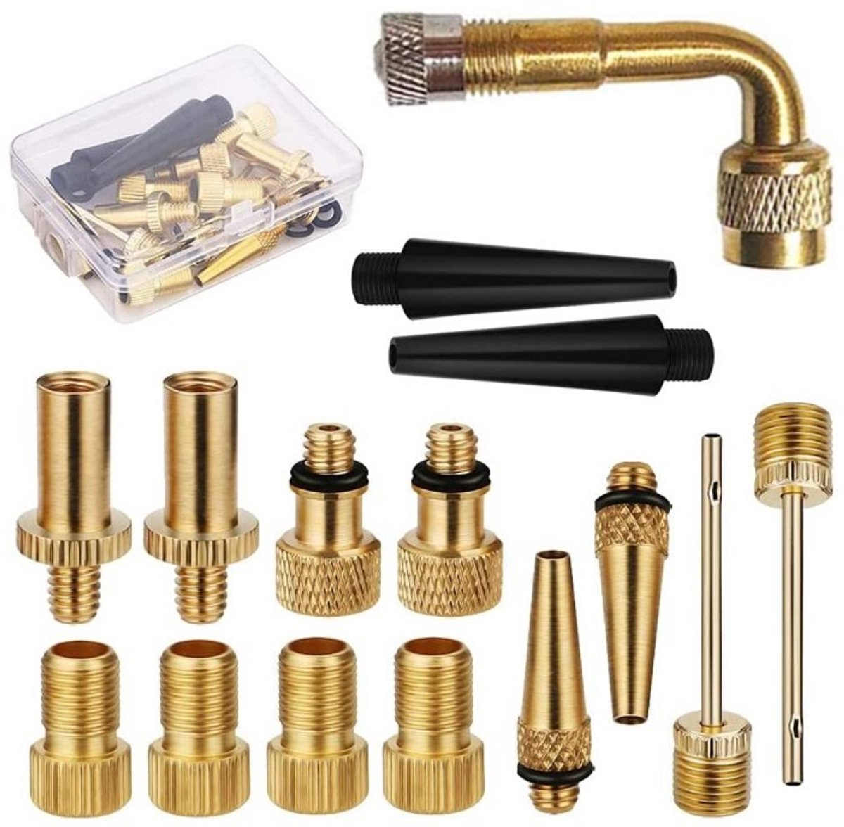15-delige Ventiel Adapter - Presta- en Schrader-ventieladapters voor fietsen - DV AV SV-bandenventiel adapterset van messing - Naaldpomp voor balpomp - Accessoires voor fietsbanden compressor - Voor racefietsen en fietsen - Goud