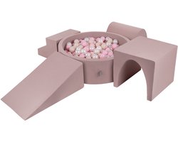 KiddyMoon Foam speeltuin PPZP-OK30D-125 met ballen heide: pastelbeige-powderroze-parel zwembad 300/ wig L/klim/tunnel/trappenhuis