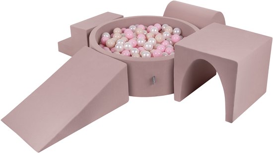 KiddyMoon Foam speeltuin PPZP-OK30D-125 met ballen heide: pastelbeige-powderroze-parel zwembad 300/ wig L/klim/tunnel/trappenhuis