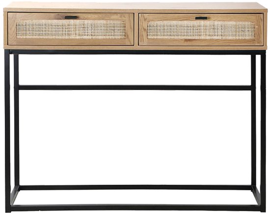 Casâme - Table Console - Avec 2 Tiroirs - Rotin Osier - Table Murale - Table d'Appoint - 100 x 35 x H80 cm - Aspect Chêne - Aggloméré et Rotin