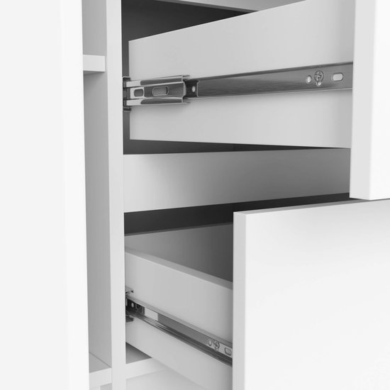 Witte dressoirkast met deels uitgeschoven laden en metalen ladegeleiders.