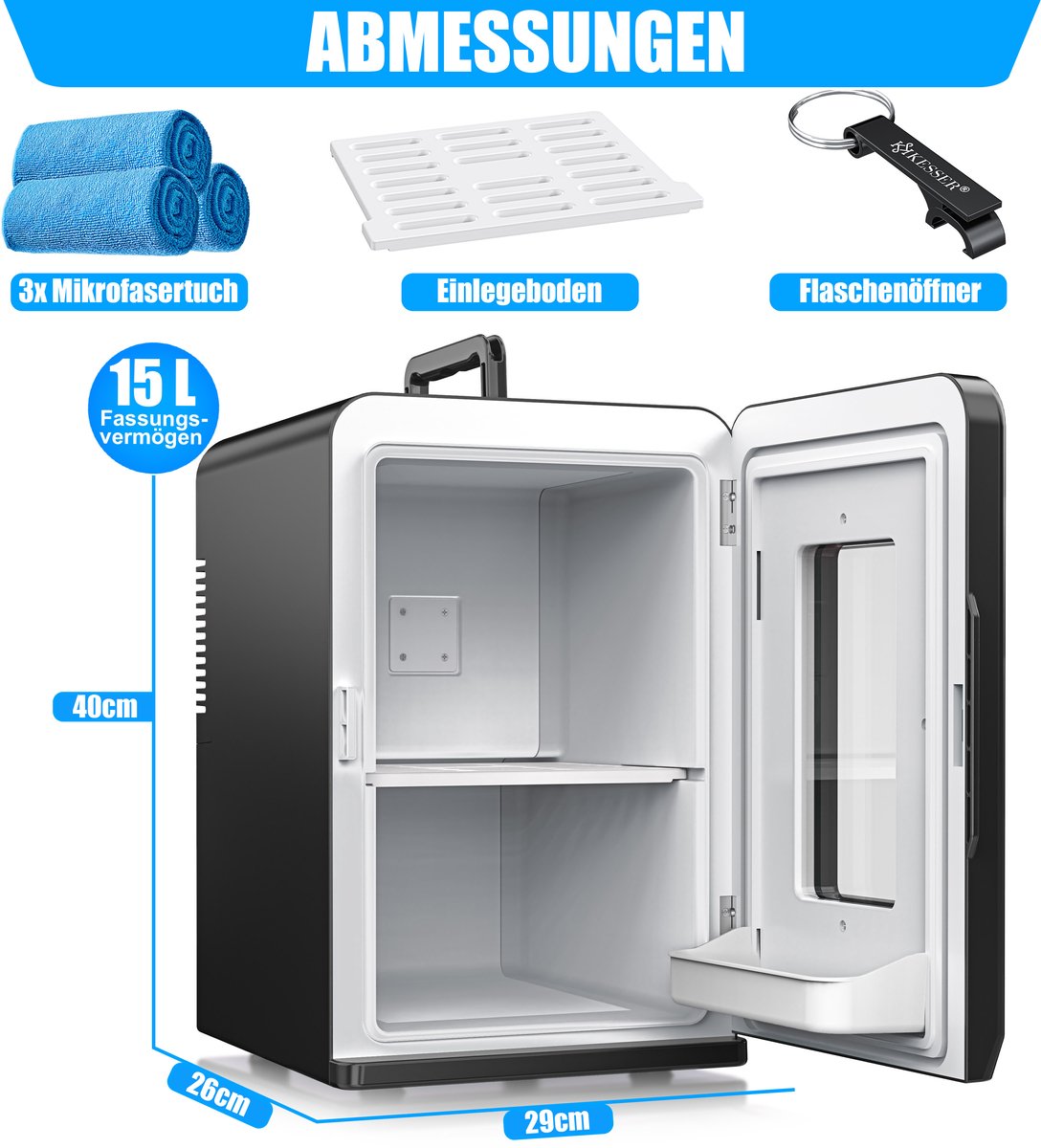 DMS KB-06 Compacte mini-koelkast met verwarmingsfunctie, 6 liter, 220-240 V, 36-58 W, 18-20 °C koeling, 55 °C verwarming, dual-core koeling, touch- toetsen, lcd-display, 12 V-adapter, stopcontact