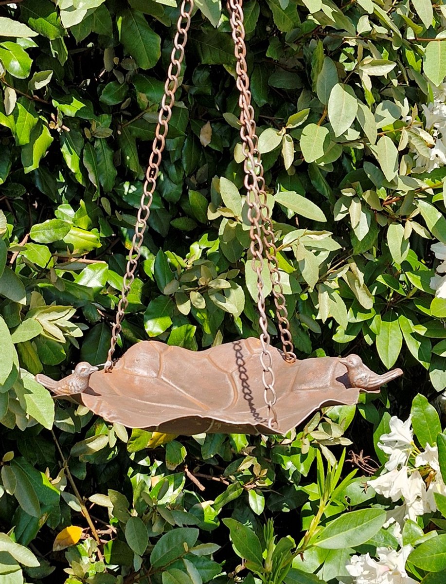 Vogelbad-Voederschaal - bladvormig - roeskleurig metaal - (bxhxl) ca. 32cm x 7.5cm x 35cm