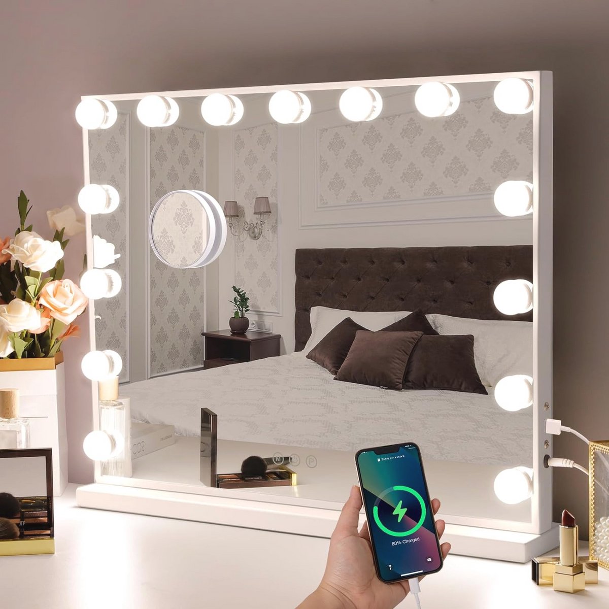 Verlichte Make-up Spiegel met Dimbare LED Lampen en USB Oplaadpoort - Ideaal voor Dressoir en Wandmontage