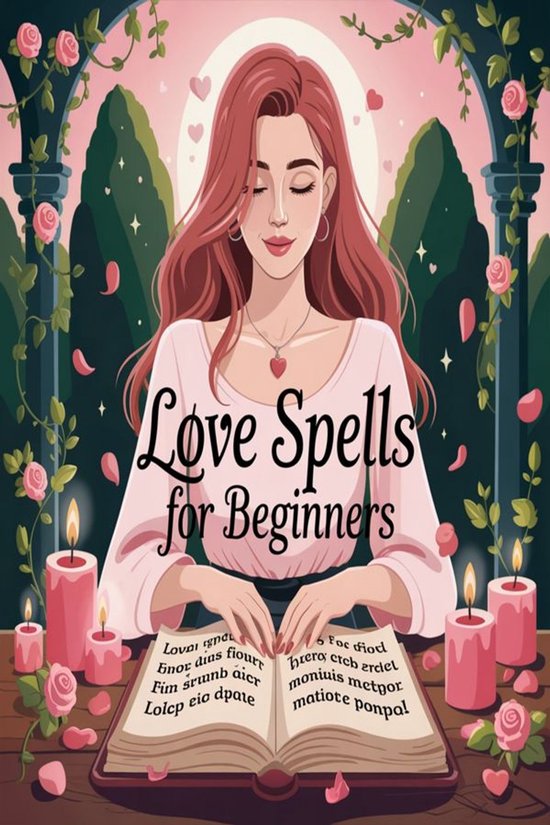Femme aux longs cheveux roux, yeux fermés, près de bougies et roses. Le texte 'Love Spells for Beginners' est centré.