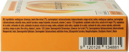 Zijkant van de waterdrop Ice Tea Peach doos met ingrediënten, bereidingswijze en barcode.