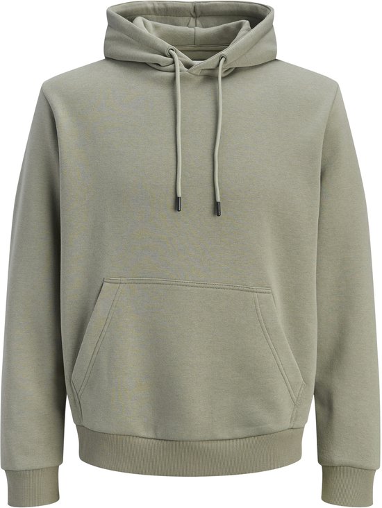 Sweat à capuche vert pâle avec une poche kangourou. Tissu uni. Étiquette Jack & Jones visible.