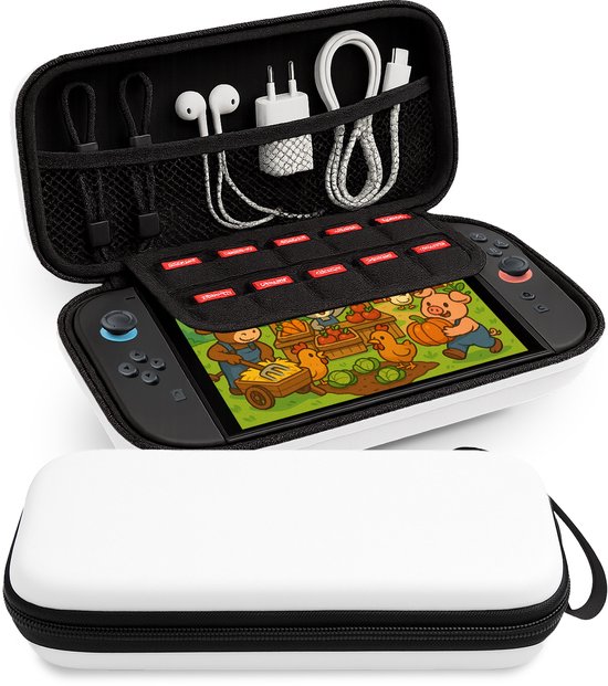 Bovenkant toont een open witte hardcase hoes met Nintendo Switch, spel, kabels en cartridges. Onderkant toont gesloten hoes.