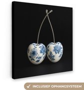 Canvas schilderij 90x90 cm - Exclusieve wanddecoratie Kersen - Delfts blauw - Fruit - Muurdecoratie woonkamer - Slaapkamer decoratie - Kamer accessoires - Schilderijen op canvas