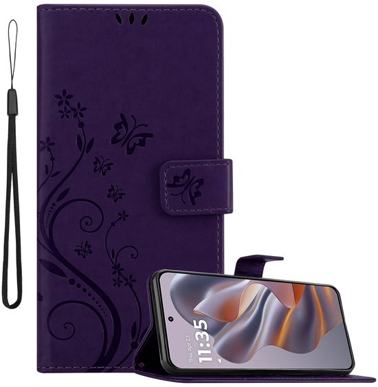 Cadorabo Hoesje geschikt voor Motorola Moto Edge 50 Neo in BLOEMEN DONKER PAARS - Beschermhoes in bloemmotief met magnetische sluiting, standfunctie en kaartsleuven Book Case Cover Etui