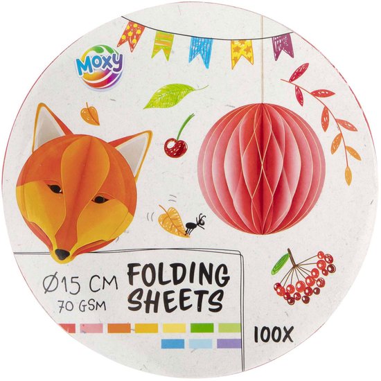 Ronde vouwblaadjes, 15 cm, 100 stuks. Illustraties van een vos, kersen en een lampion. Tekst: 15 cm folding sheets.