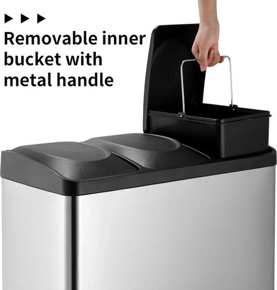 CASABEL Keukenprullenbak Gescheiden Afval 60L - 2 x 30 Liter, Dubbele Compartimenten, Wit Roestvrij Staal, Rechthoekige Recyclingprullenbak met Pedaal, Vingerafdrukbestendig, Geurvrij, Frans Bedrijf