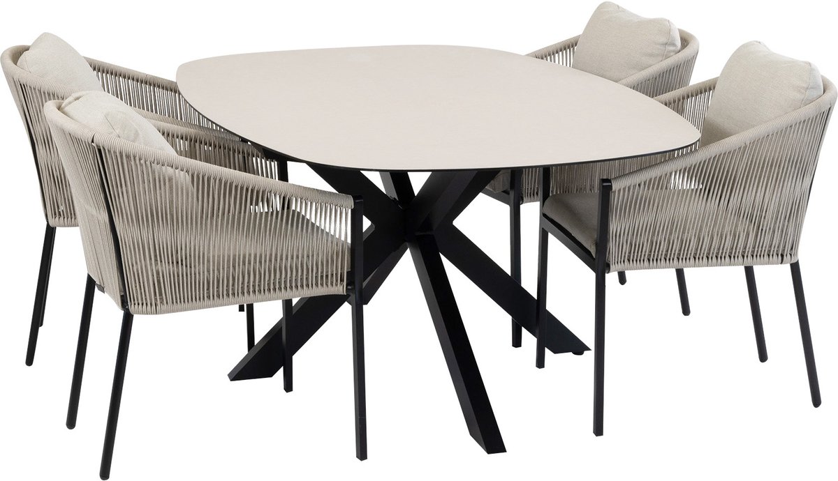 5-delige tuinset | 4 Elvira tuinstoelen (Black) | Tuintafel Malaga 180x115cm (Black)
