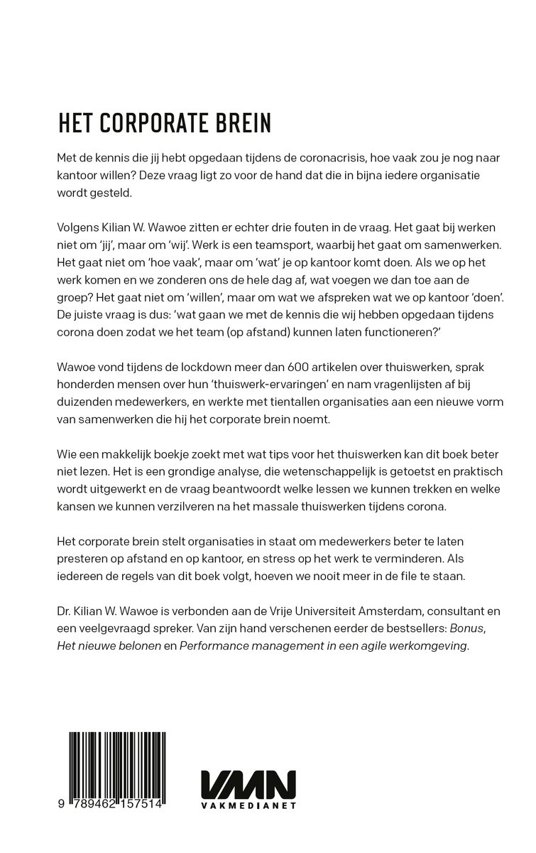 Boekomslag met de titel "HET CORPORATE BREIN" en een QR-code met ISBN-nummer.