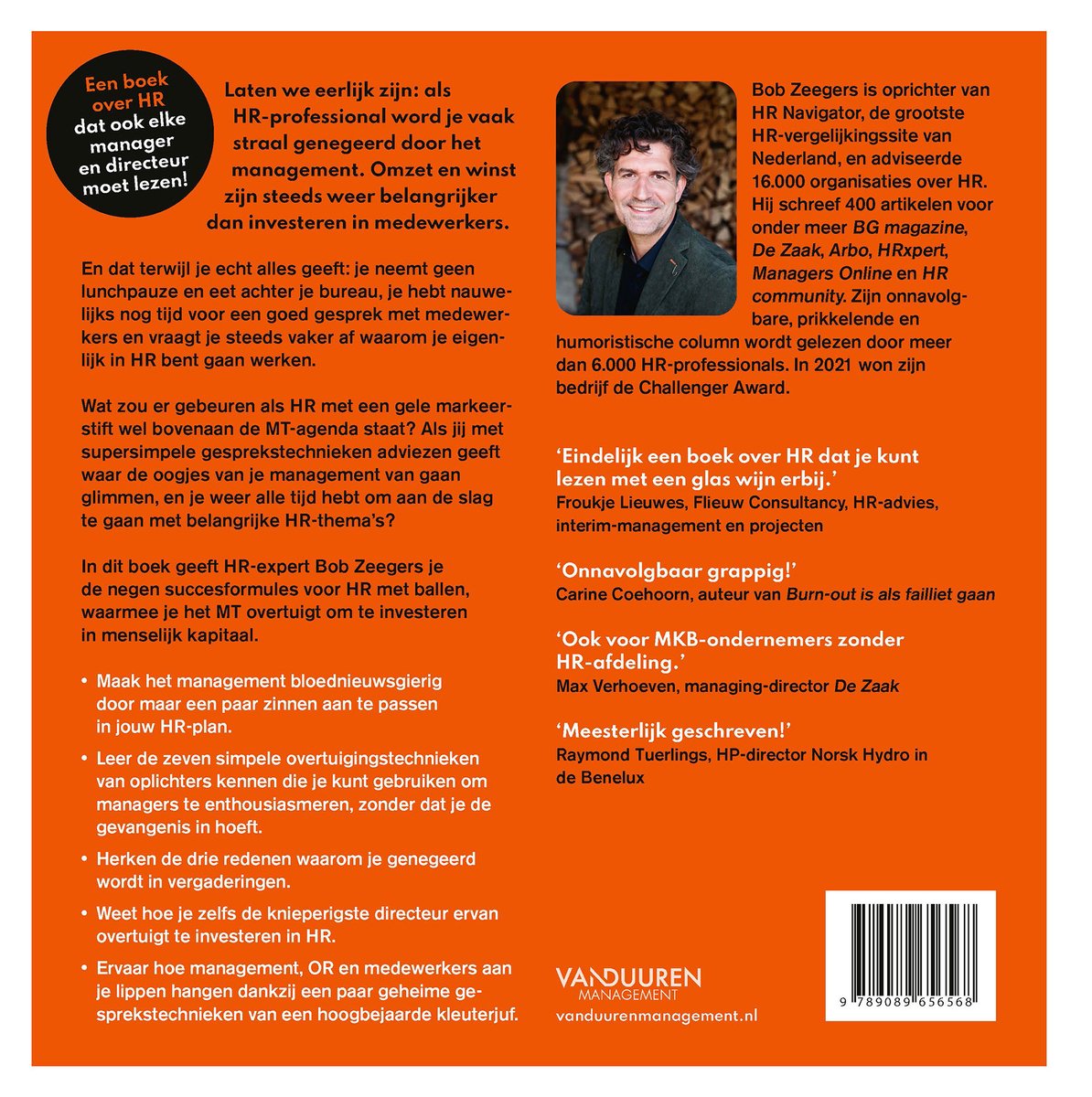 Boekcover: Bob Zeegers, auteur van 'HR met ballen', een boek over personeelszaken, met een foto van Bob Zeegers en recensies.