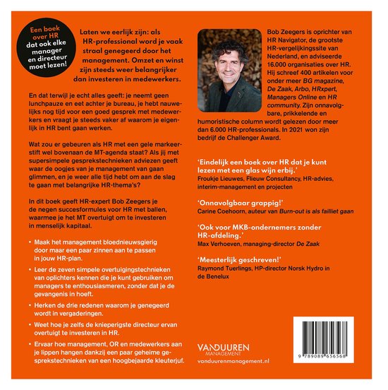 Boekcover: Bob Zeegers, auteur van 'HR met ballen', een boek over personeelszaken, met een foto van Bob Zeegers en recensies.