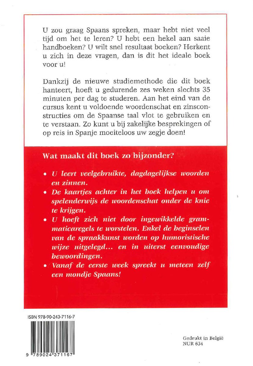 Boek met rode omslag met tekst over Spaans leren. Titel: Wat maakt dit boek zo bijzonder?