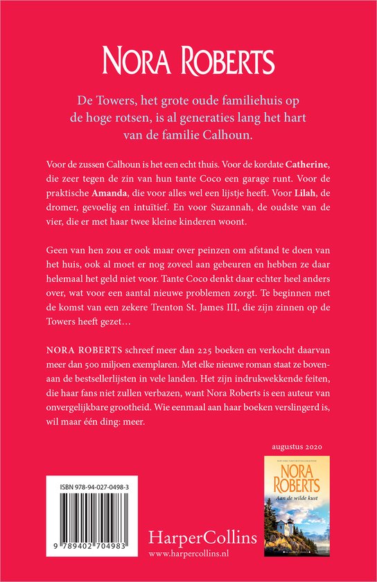 Boekcover van "Het huis op de klif" van Nora Roberts. Rode letters met titel "Nora Roberts". Beschrijving van het verhaal en de schrijfster. ISBN 978-94-027-0498-3.
