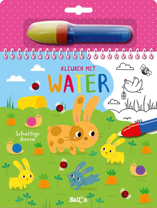 Kleurboek met water 'Schattige Dieren'. Bevat oranje en gele konijntjes, slakken en lieveheersbeestjes op een groene weide.