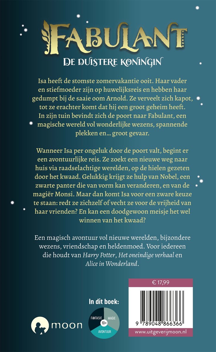Achterkant van het boek 'Fabulant: De duistere koningin' met tekst en een barcode.