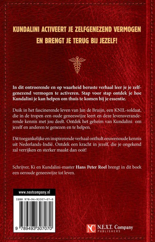 Boekomslag met tekst "Kundalini activeert je zelfgenezend vermogen en brengt je terug bij jezelf!" en boek details.