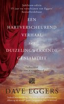 Boekomslag van "Een hartverscheurend verhaal van duizelingwekkende genialiteit" van Dave Eggers. Rode draperie links, abstracte achtergrond. Jubileumeditie.
