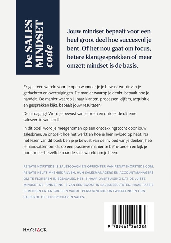 Achterkant boek: De SALES MINDSET code. Jouw mindset bepaalt succes. Ontdek hoe je brein je verkoopresultaten beïnvloedt.