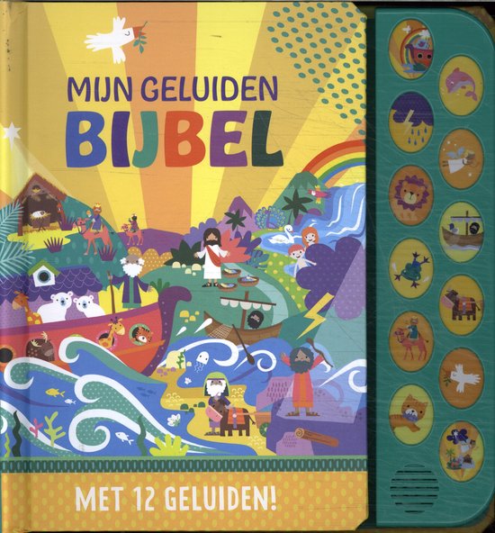 Voorpagina van een geluidenbijbel met de titel 'Mijn Geluiden Bijbel' en illustraties van bijbelse taferelen en dieren.