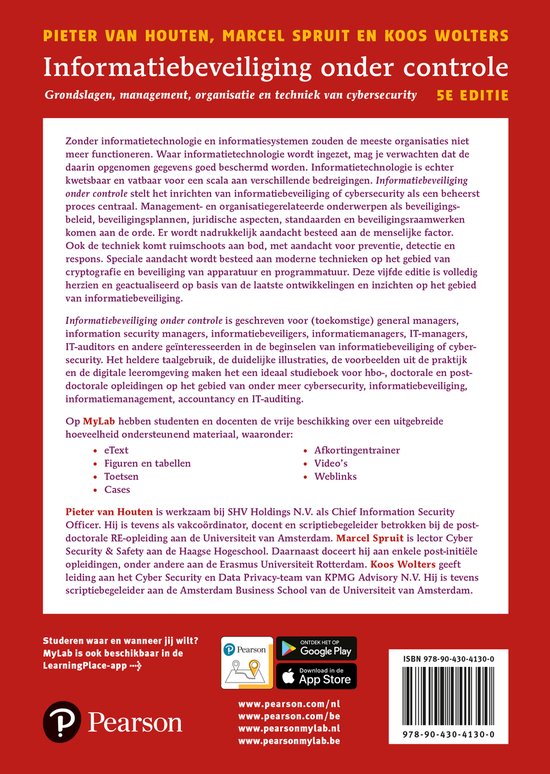 De achterkant van het boek 'Informatiebeveiliging onder controle' bevat de tekst van de achterflap, informatie over MyLab en auteurs, met een QR-code en ISBN.