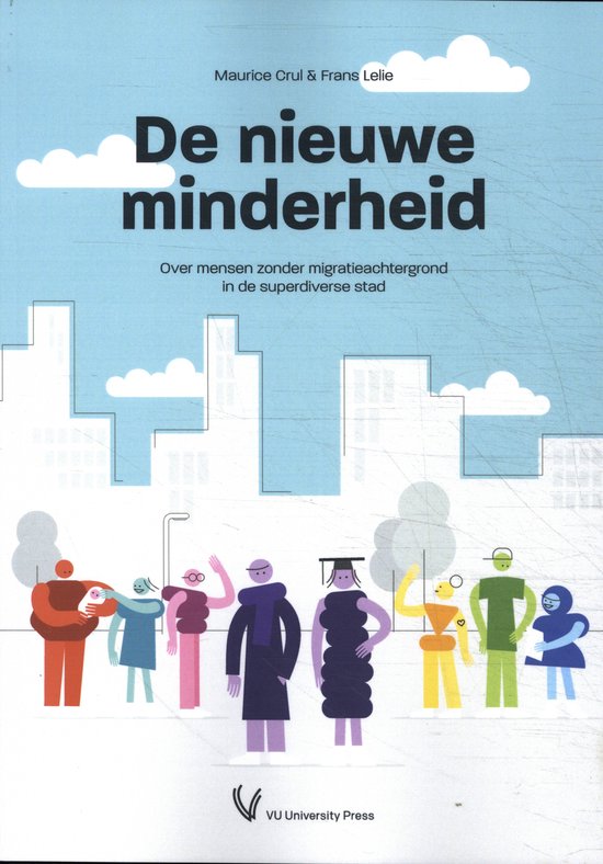 Boek "De nieuwe minderheid" met gekleurde illustraties van diverse mensen en stadsgezichten.