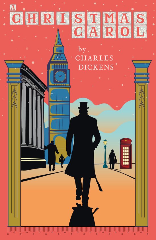 Boekomslag van A Christmas Carol, met silhouet van een man die Big Ben en een rode telefooncel in Londen nadert.